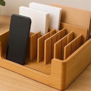 13 Bamboo Desktop Organizer With Adjustable Dividers For Sustainable Office Storage And Phone Stand