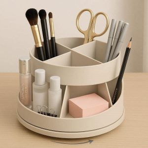 Rotating Cosmetic And Stationery Desk Organizer With 360 Degree Base For Makeup And Office Use