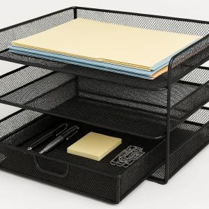 Multi Tier Mesh Desktop Organizer With Sliding Drawer For Office Document Filing And Stationery