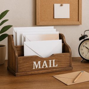 Wooden Desktop Mail Organizer With Two Slots For Letter Filing And Rustic Home Office Decoration