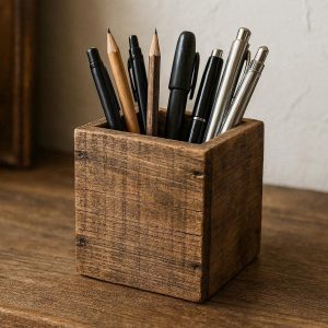 Rustic Wooden Pen Holder For Farmhouse Office Decor And Vintage Style Desktop Stationery Storage